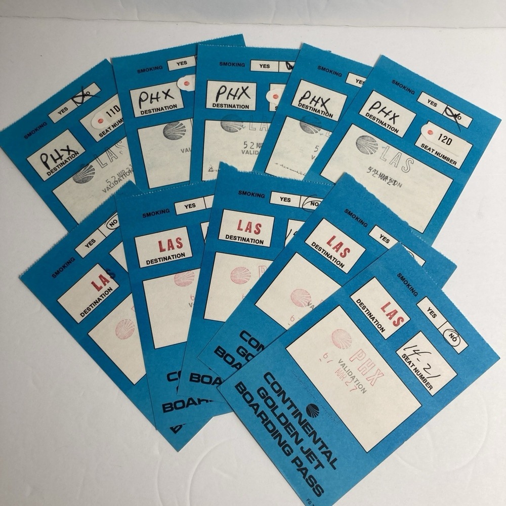 Vintage 1979 Continental Airlines Golden Jet Boarding Pass Lot of 10 3 1/2x5 in